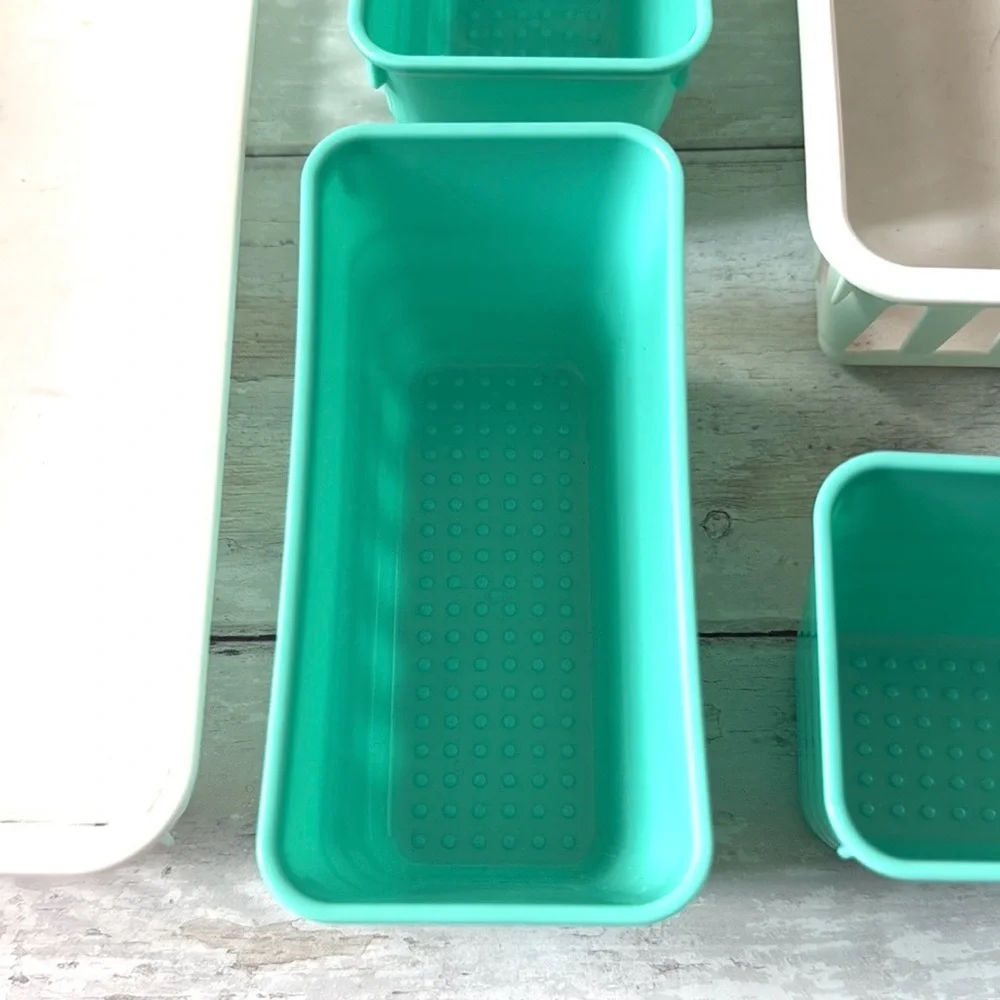 Storage Baskets Drawer Dividers Organizers Bundle Lot Set of 5 White Teal